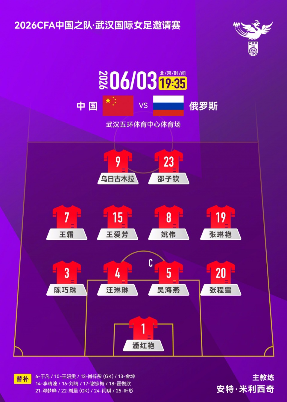 竞技宝电竞社区-中国女足VS俄罗斯首发:吴海燕队长 王霜、张琳艳先发 王爱芳登场